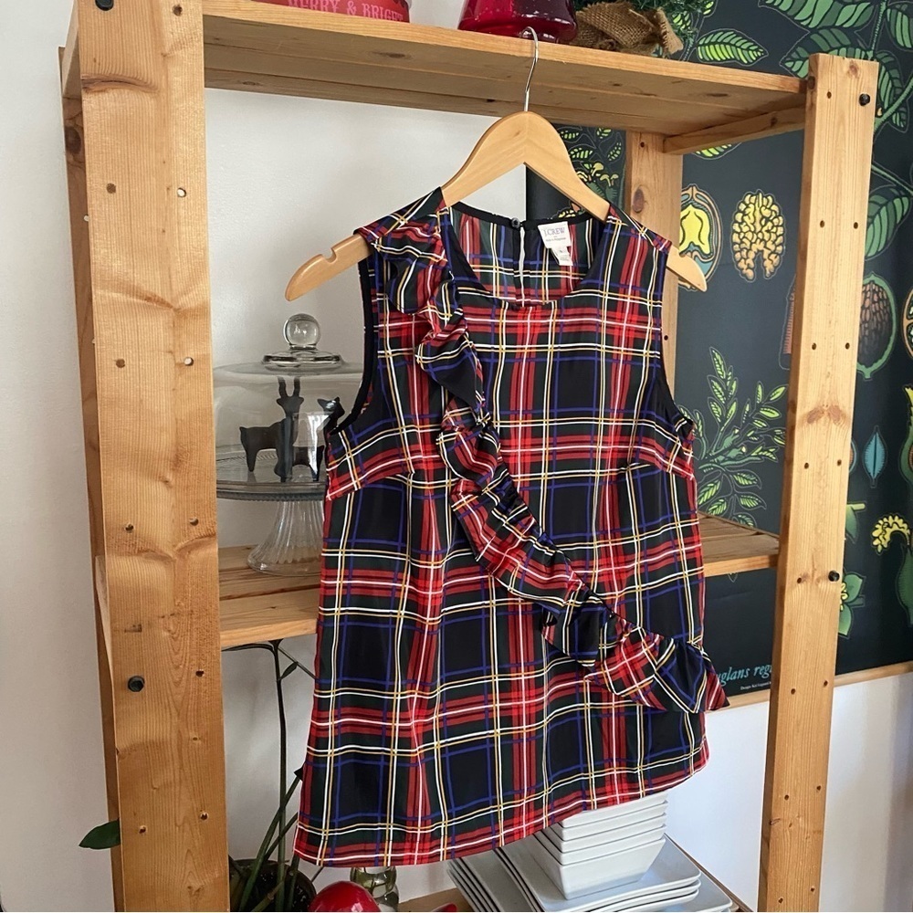 J. Crew Red Green Black Blue Tartan Christmas Holiday Plaid Ruffle Tank Top 0 - Picture 4 of 13